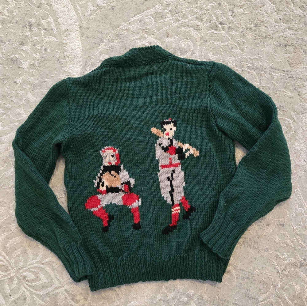 Vintage 1990s Handmade Green Baseball Knit Cardigan Sweater - Picture 5 of 5